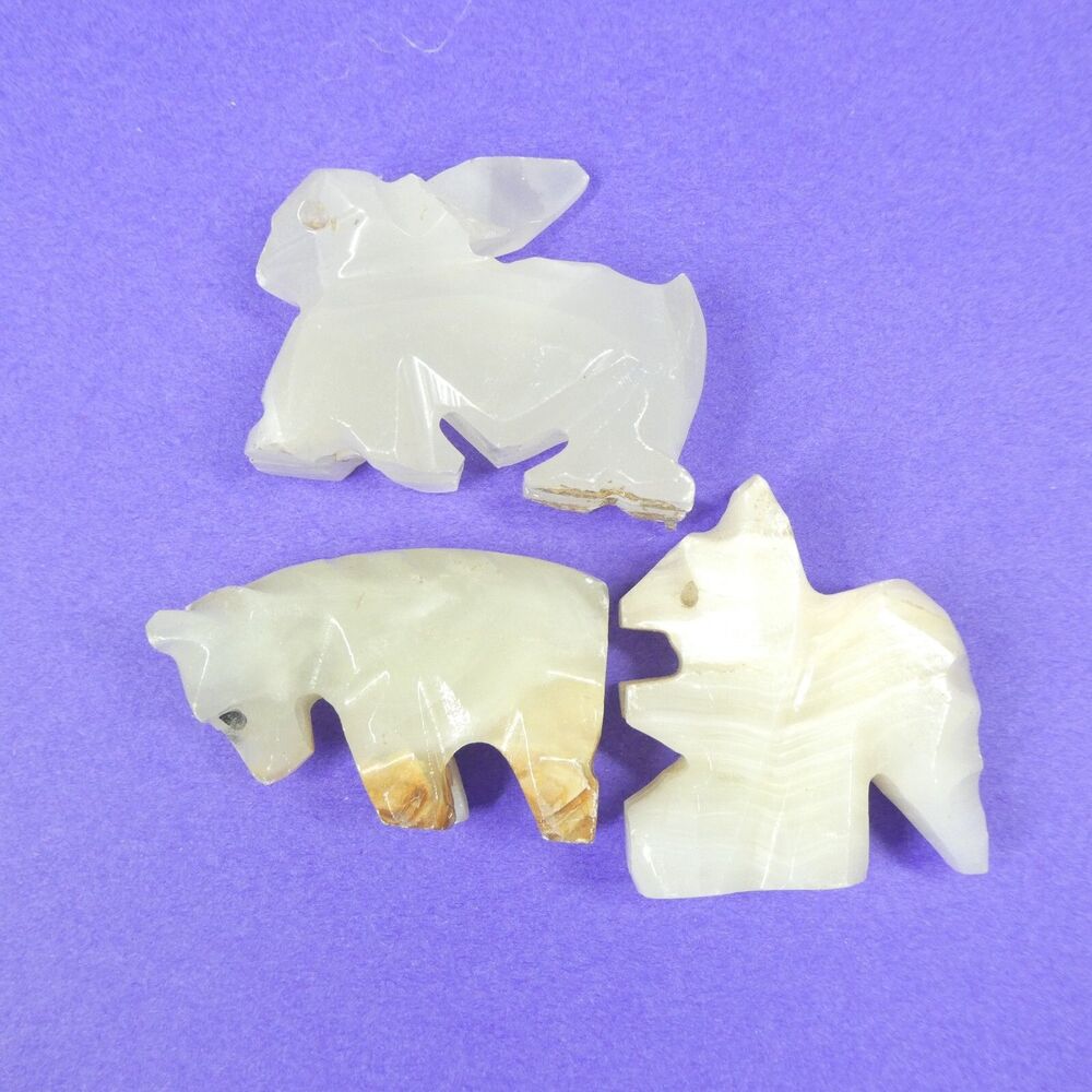 3 Carved Onyx Marble Animals Bear Squirrel Vintage